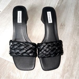 Steve Madden Black Braided Block Heel Slip On Faux Leather Sandals Mules Size 9